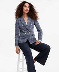 Tahari Asl Womens Plaid Double Breasted Blazer V Neck Ruffle Front Long Sleeve Blouse Wide Leg Mid Rise Denim Pants