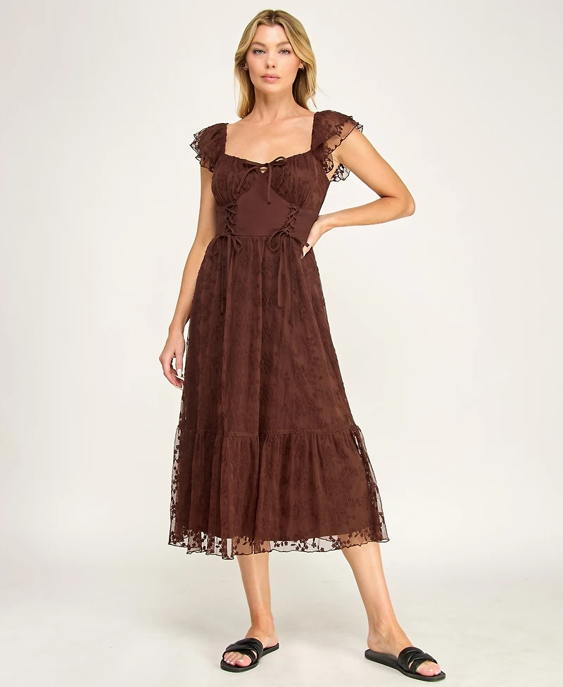 Row A Juniors' Sweetheart-Neck Flutter-Sleeve Lace Dress