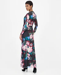 Anne Klein Women's Petite Mesh Twist Front Floral Long-Sleeve Maxi Dress