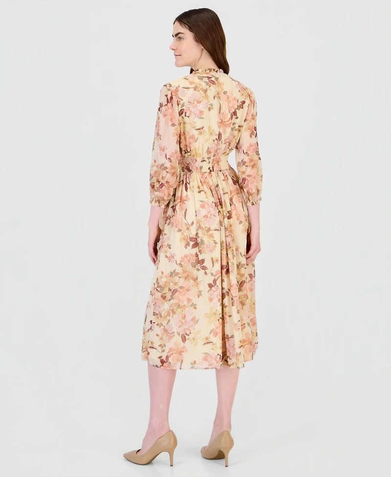 Anne Klein Women's Floral Smocked Waist Ruffle-Trim Midi Dress