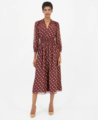 Anne Klein Women's Polka-Dot Ruffle Smocked-Waist Midi Dress