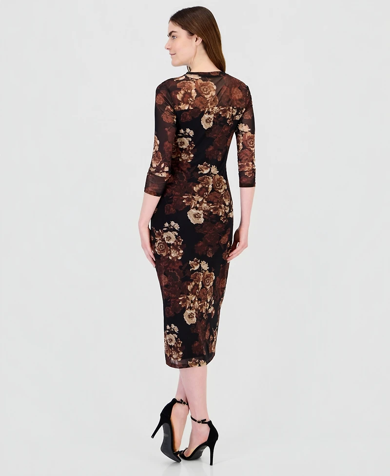 Anne Klein Women's Floral-Print Mesh Side-Ruched Midi Dress
