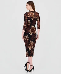 Anne Klein Women's Floral-Print Mesh Side-Ruched Midi Dress