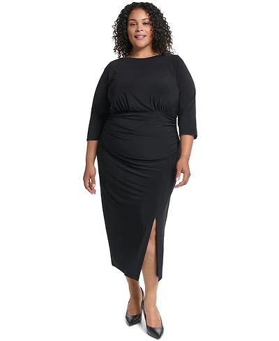 Vince Camuto Plus Jewel-Neck Elbow Sleeve Midi Dress