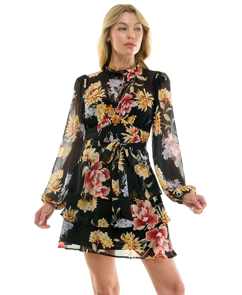 Trixxi Juniors' Long-Sleeve Boat neck Tiered Skirt Dress