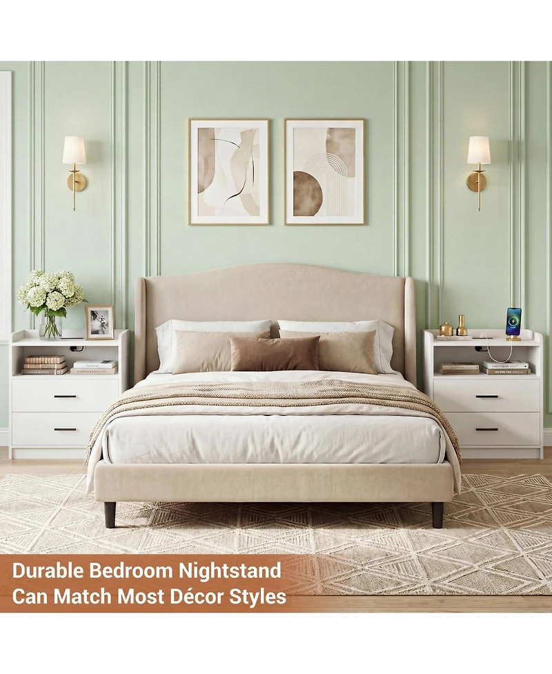Aheaplus Nightstand with Charging Station, Sofa Side Table with Drawers