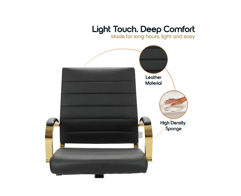 LeisureMod 30 Pcs Benmar Swivel Ergonomic Leather Office Chair with Gold Accents and Adjustable Height for Home