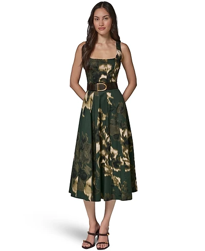 Donna Karan New York Women's Printed Square Neck Pleated Fit and Flare Dress with Belt