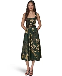 Donna Karan New York Women's Printed Square Neck Pleated Fit and Flare Dress with Belt