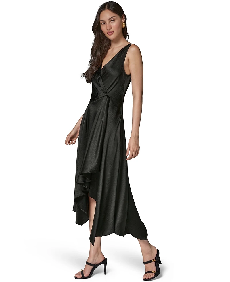 Donna Karan New York Women's Satin Sleeveless Surplice-Neck Draped A-Line Midi Dress