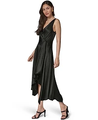 Donna Karan New York Women's Satin Sleeveless Surplice-Neck Draped A-Line Midi Dress