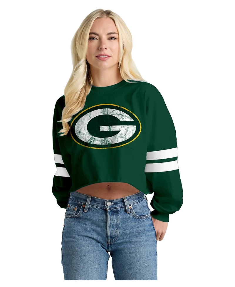 Spirit Jersey Women's Green Bay Packers Oversized Cropped Stripe Long Sleeve T-Shirt