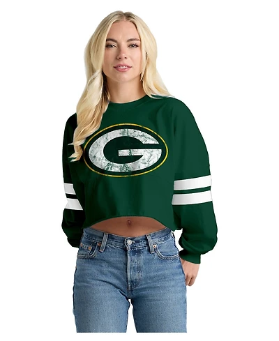 Spirit Jersey Women's Green Bay Packers Oversized Cropped Stripe Long Sleeve T-Shirt