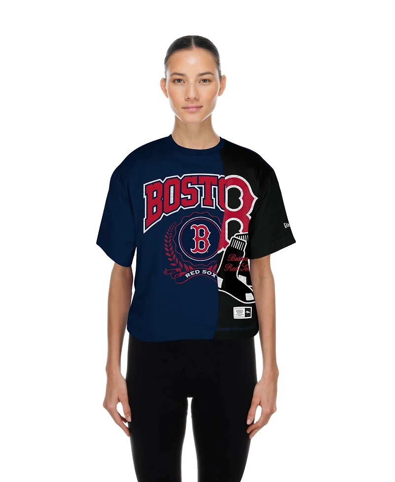New Era Women's Navy Boston Red Sox Color Blocked Boxy Cropped T-Shirt