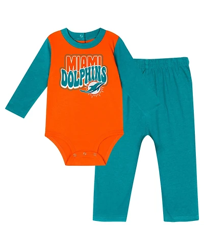 Outerstuff Baby Boys and Girls Aqua Miami Dolphins Double Up Long Sleeve Bodysuit Pants Set