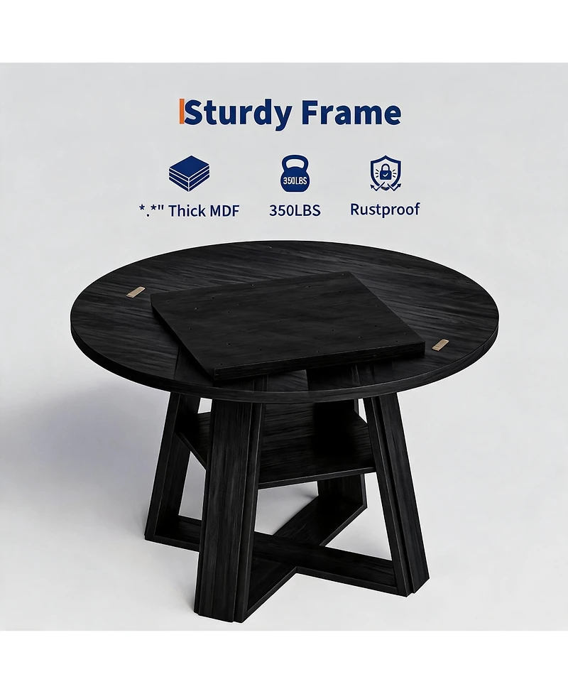 homfan Modern Farmhouse 43" Round Dining Table - Wooden Pedestal with Built-in Storage Shelf, Space-Saving for Apartments, Seats 2-4
