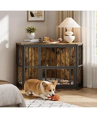 gaomon Corner Dog Crate Furniture, Wooden Dog Kennel Indoor with Feeding Bowls and Revolving Door, Decorative Dog Crate End Table