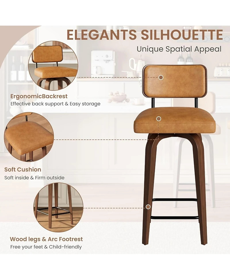 gaomon Swivel Bar Stools Set of 2, 26 Inch Upholstered Counter Height Bar Stools with Back and Wood Legs