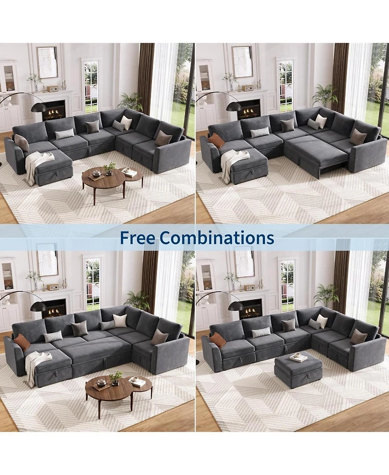 gaomon Chenille Fabric Sectional Couches with Pull-Out Bed and Large Storage for Living Room, Sturdy Wooden Frame Tool-Free Assembly