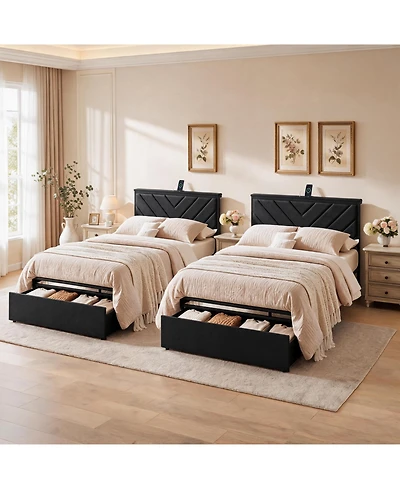 gaomon Set of 2 Twin Upholstered Metal Platform Bed Frame with Charging Station Headboard and Large Under Storage Drawers