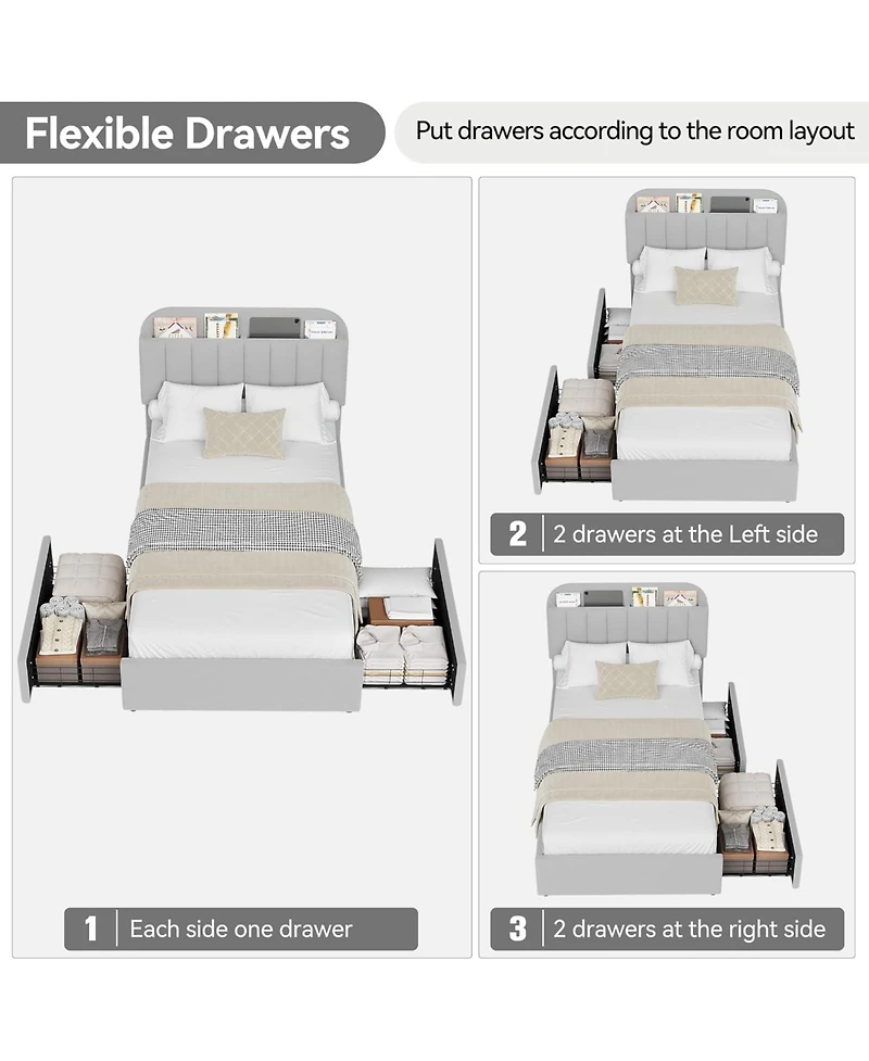 gaomon Twin Xl Bed Frame with Storage Headboard, Boucle Kids Bed Frame with 2 Drawers, Upholstered Platform Bed Frame with Bookcase