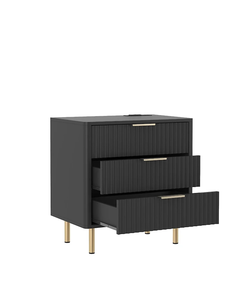 Clihome Modern Nightstand with Storage Cabinet, Charging Station, Bed Table Night Light