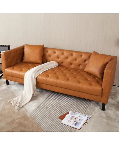 gaomon 81" Faux Leather Sofa with 2 Pillows, Button-Tufted 3 Seater Sofa, Mid-Century Modern Contemporary Upholstered Couch with Deep Seat
