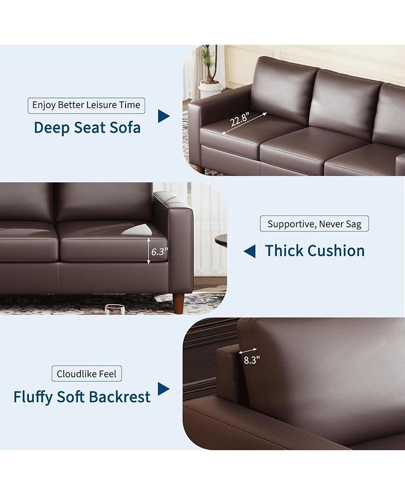 gaomon 85" Leather Couch for Living Room, Modern Leather Sofa with Padded Backrest, Upholstered Sofa with Deep Seat, 3-seat Sofa for Living Room