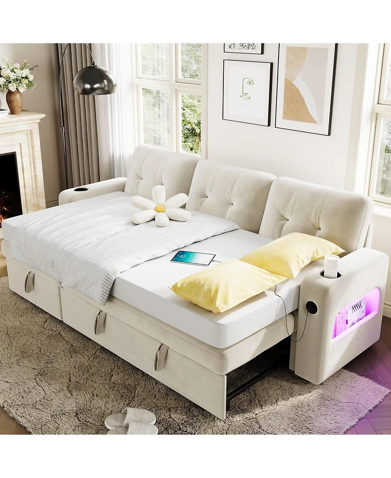 gaomon 84 Inch Sleeper Sofa Couch for Living Room, L-Shaped Sofa, Convertible Pull Out Sofa Bed with Storage, Charging Station, Led Lights