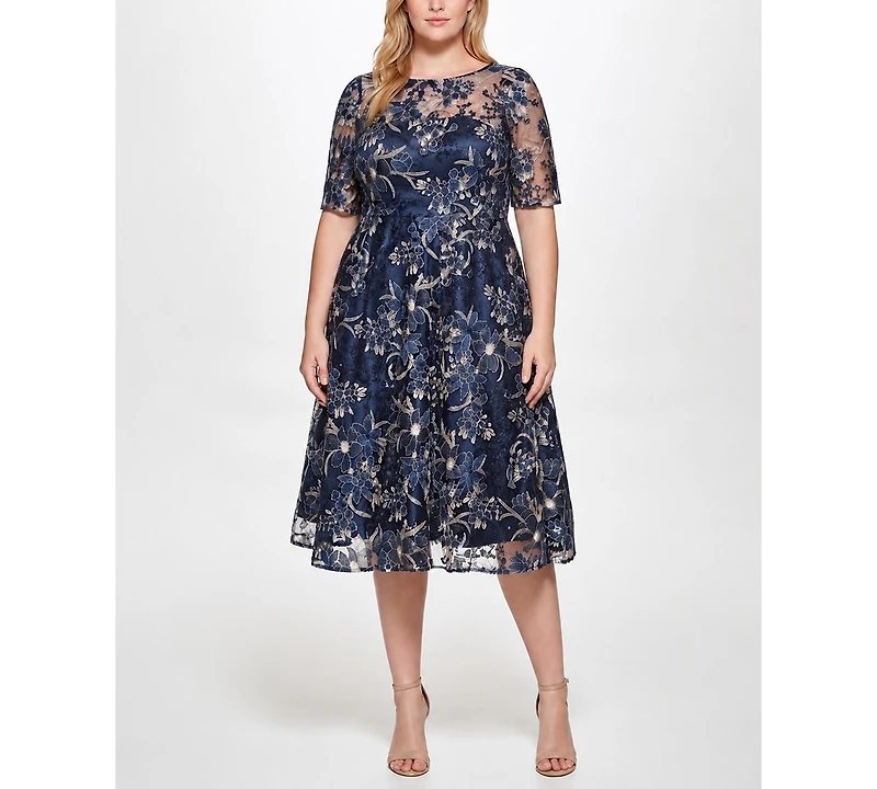 Eliza J Plus Embroidered Lace Boat Neck Midi Dress