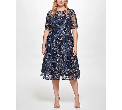Eliza J Plus Embroidered Lace Boat Neck Midi Dress
