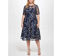 Eliza J Plus Embroidered Lace Boat Neck Midi Dress