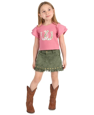 Rare Editions Girls' 2T-6X Applique Knit Top and Suede Fringe Skirt, 2-Piece Set