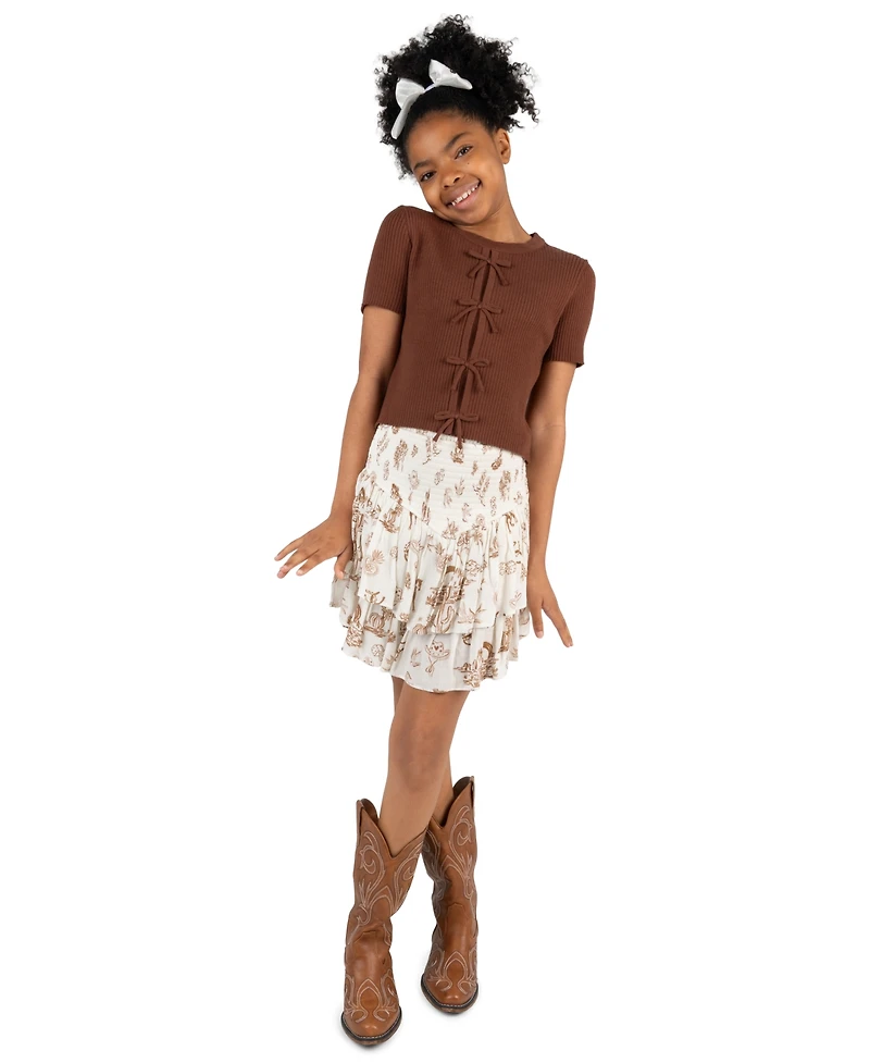 Tween Diva Girls' 7-12 Rib Knit Bow Sweater, Printed Skort and Satin Hair Bow, 3-Piece Set