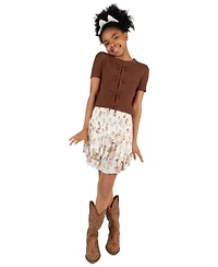 Tween Diva Girls' 7-12 Rib Knit Bow Sweater, Printed Skort and Satin Hair Bow, 3-Piece Set