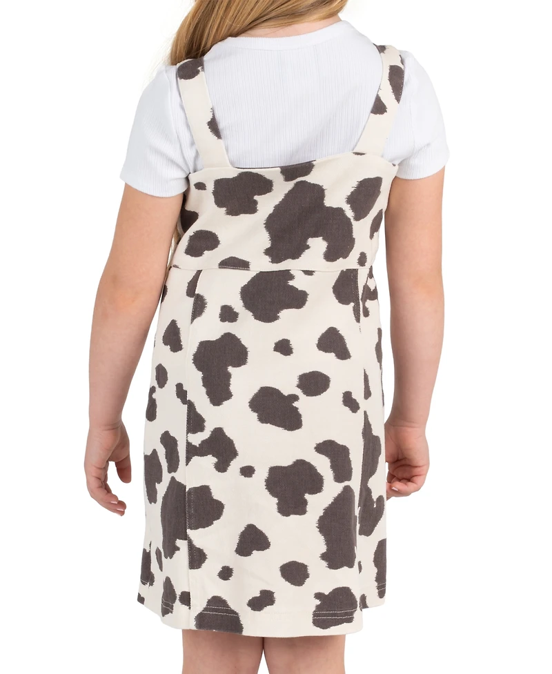 Rare Editions Girls' 2T-6X Cow Print Twill Jumper and T-Shirt, 2-Piece Set