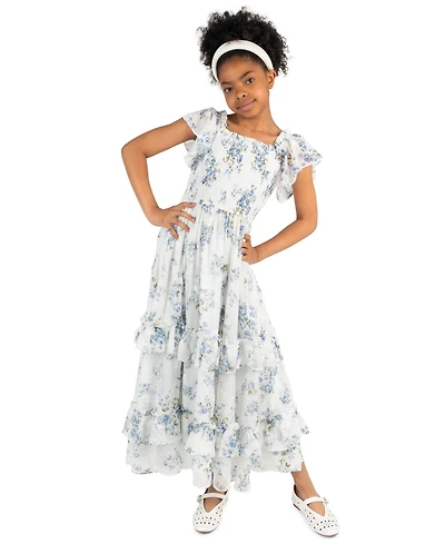 Rare Editions Girls' 7-16 Floral Print Chiffon Smocked Flutter Sleeve Midi Dress