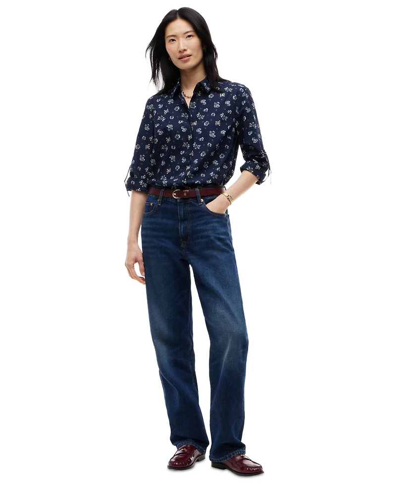 Tommy Hilfiger Women's Cropped Printed Roll-Tab Sleeve Shirt