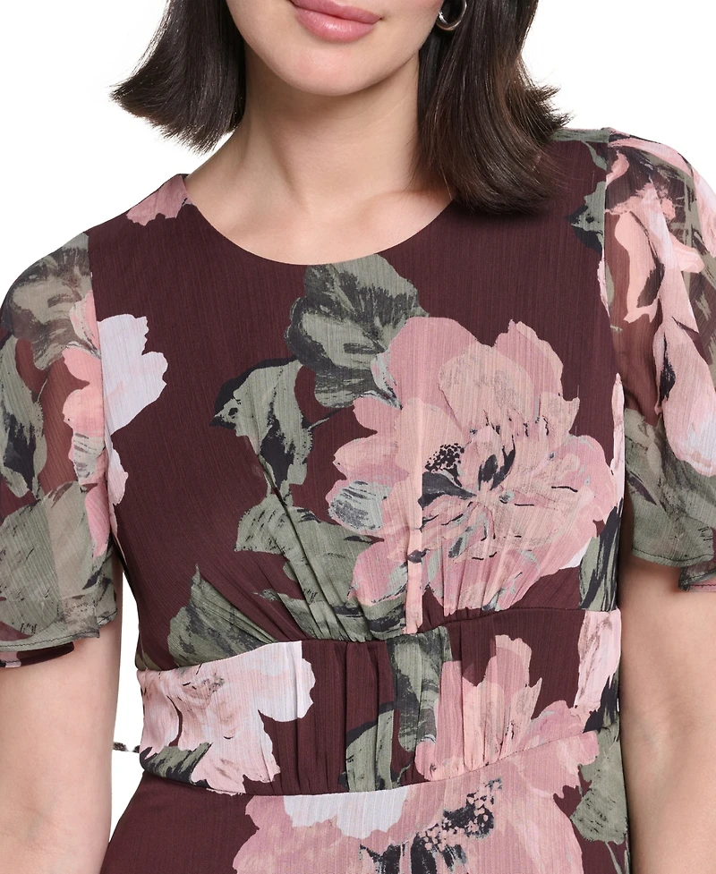 Calvin Klein Women's Flutter-Sleeve Floral Chiffon Fit & Flare Dress