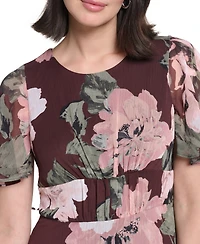 Calvin Klein Women's Flutter-Sleeve Floral Chiffon Fit & Flare Dress
