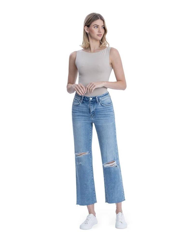 Flying Monkey Women's High Rise Raw Hem Crop Slim Wide Leg Jeans