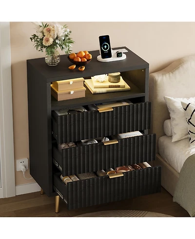 gaomon Fluted 3-Drawer Dresser for Bedroom, Modern White with Built-in Led Lights and Wave Front Design, Large Storage
