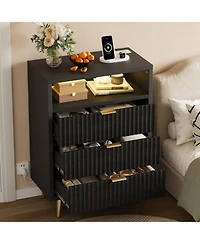 gaomon Fluted 3-Drawer Dresser for Bedroom, Modern White with Built-in Led Lights and Wave Front Design, Large Storage