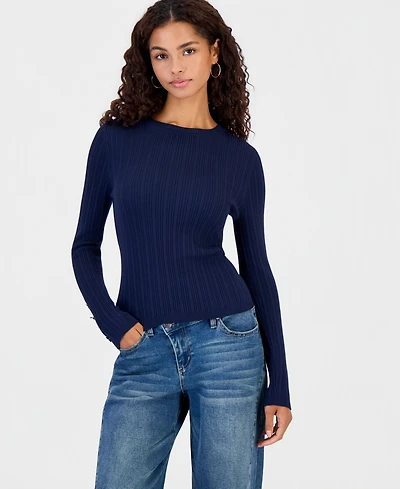 Hooked Up by Iot Juniors' Button Fine Gauge Crewneck Ribbed Cardigan