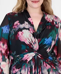 Anne Klein Plus Twist Front Floral-Print Maxi Dress