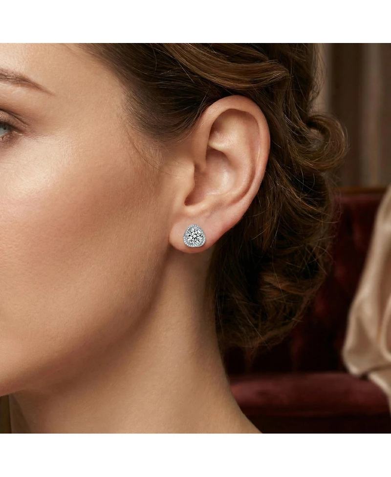 Sterling Silver with Rhodium Plated Clear Round Cubic Zirconia Swirl Halo Stud Earrings