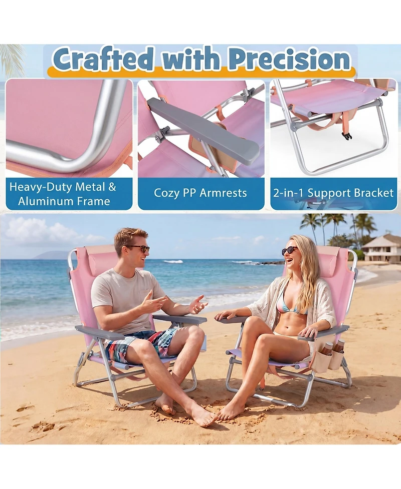 Gymax 2PCS Folding Backpack Beach Chair 5-Position Outdoor Reclining Chairs w/ Pillow