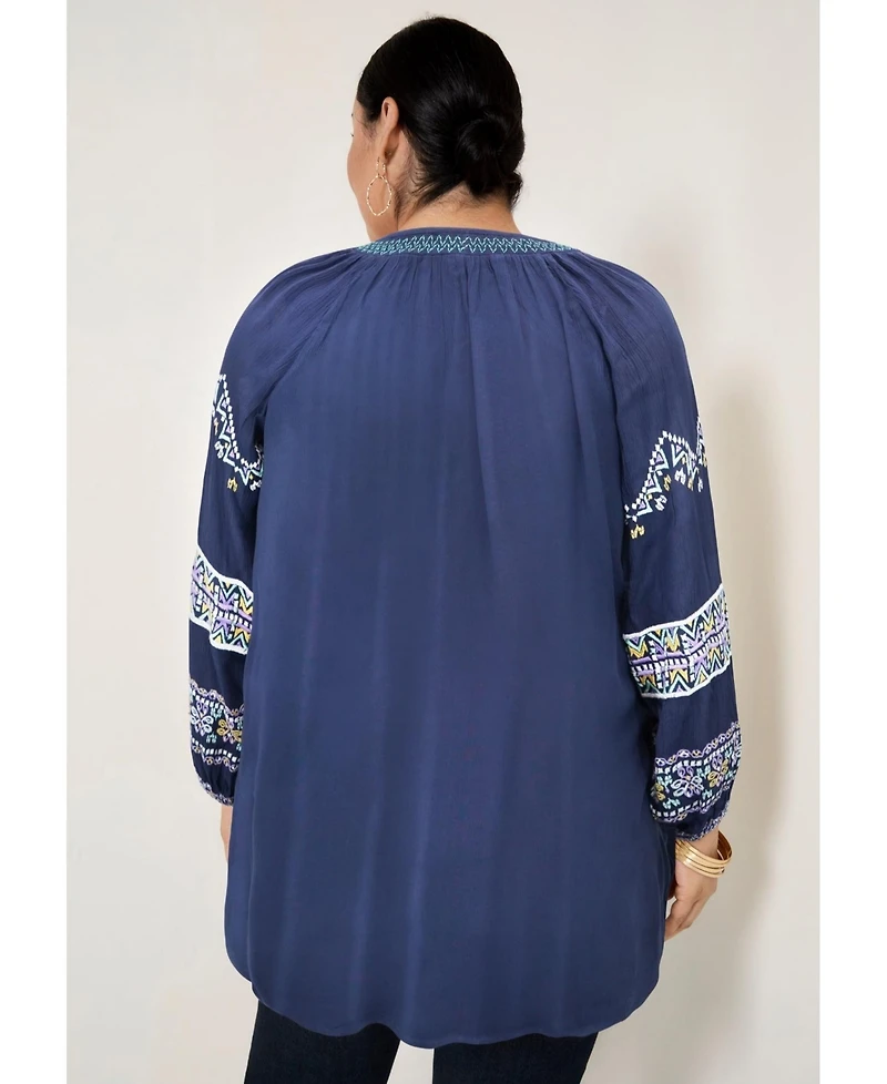 June + Vie Women's Plus Size Embroidered Peasant Blouse