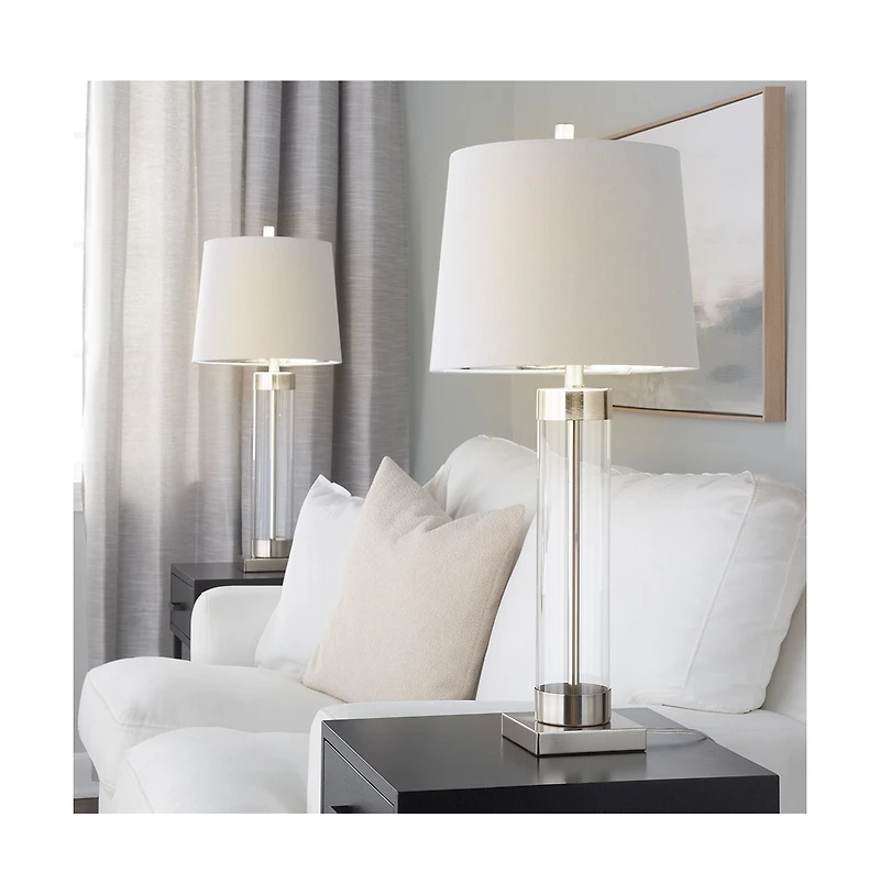 30" Contemporary Glass Table Lamp in Clear Glass and Brushed Nickel with White Linen Shade from Grandview Gallery - Set of 2