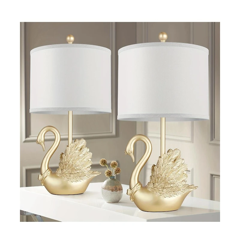 Sofucor 24" Two-piece Set of Table Lamps: Golden Brass Swan Table Lamps with Led Bulbs
